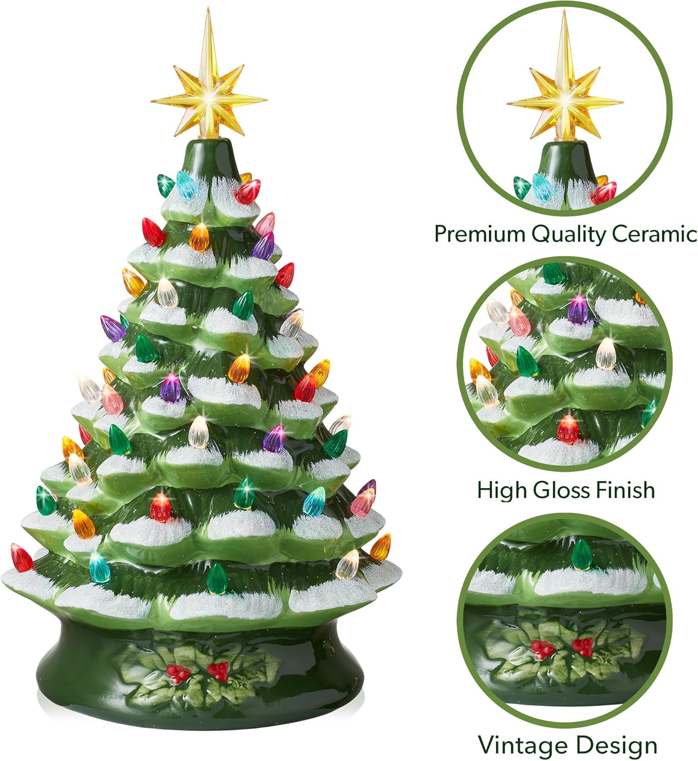 Hand Painted Ceramic Christmas Tree, Pink 15-Inch Pre-Lit Tree with 128 Multi Color Lights and 2 Star Toppers