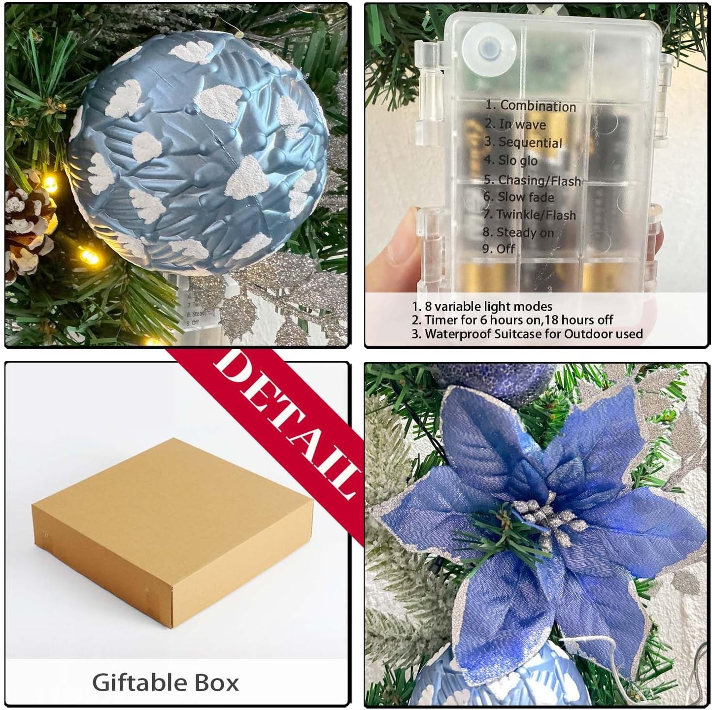Pre-Lit 24 Inch Lighted Christmas Wreath for Front Door Champagne Gold Christmas Door Wreath Decor with Ball Ornaments, Poinsettia Flowers,Ribbon,Pine Cones,Battery Operated 30 LED Lights