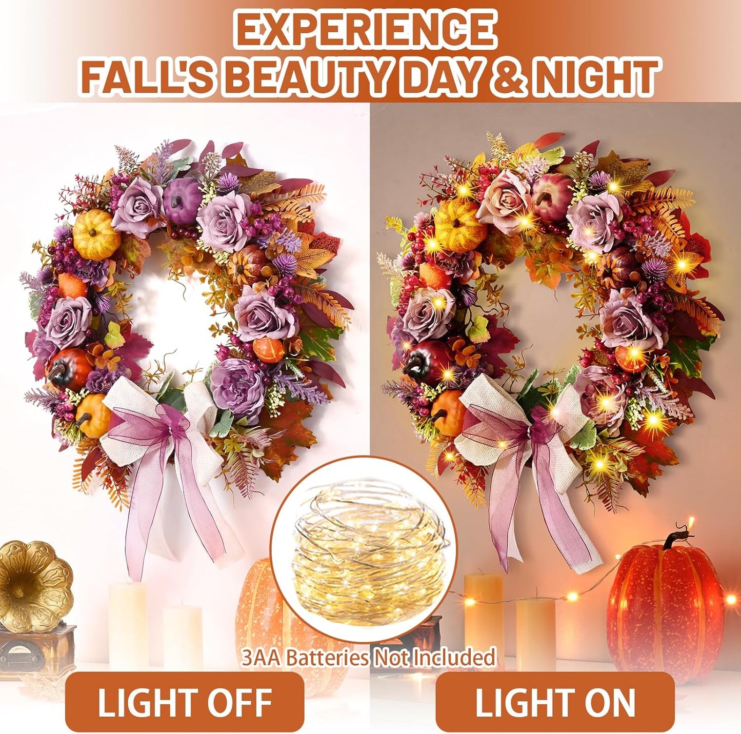 Fall Decor - 2025 Fall Wreaths for Front Door Outside with Blooming Silk Rose, Lifelike Fall Pumpkin Purple Berries & Bow, 18" Fall Door Wreath with Lights for Thanksgiving Door Wall Outside