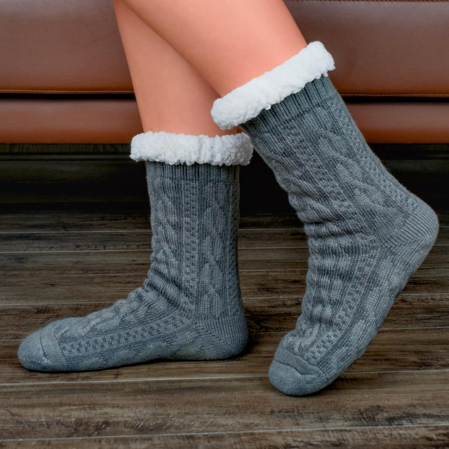 Women's Fuzzy Slipper Socks with Non-Slip Grippers, Cozy Fluffy Sherpa Lined, Cute Christmas Gifts