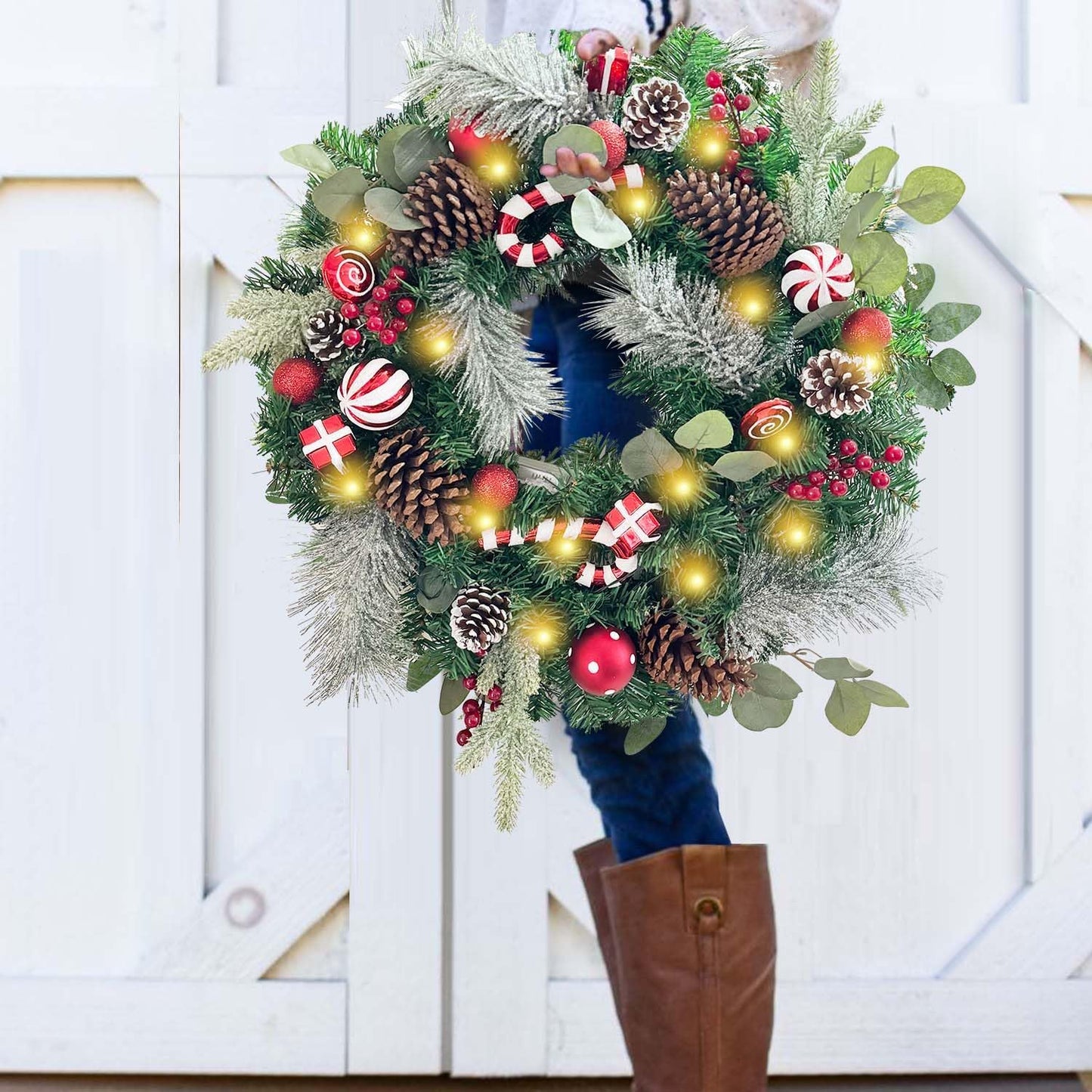 Pre-Lit 24 Inch Lighted Christmas Wreath for Front Door Champagne Gold Christmas Door Wreath Decor with Ball Ornaments, Poinsettia Flowers,Ribbon,Pine Cones,Battery Operated 30 LED Lights