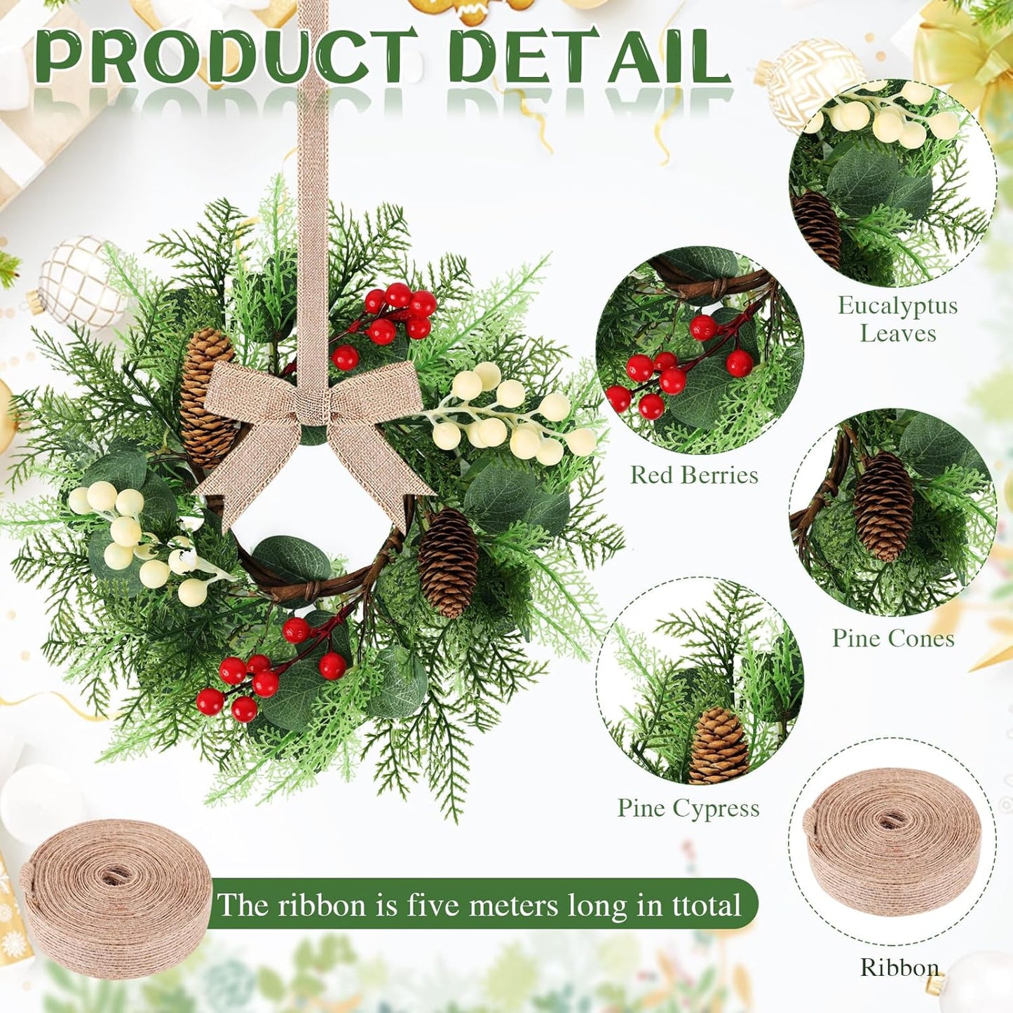 24" Christmas Wreaths for Front Door 2 PCS Christmas Teardrop Swag Winter Wreath with Red Ball Red Berry Pine Needles for Indoor Outdoor Farmhouse Home Wall Window Festival Wedding Decor
