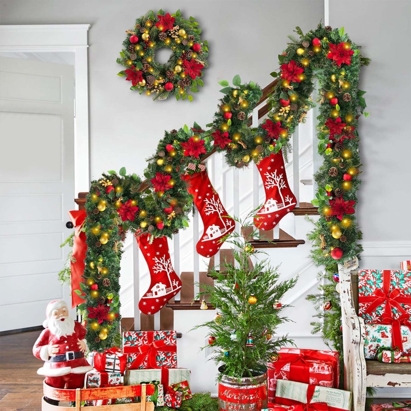 Pre-Lit 24 Inch Lighted Christmas Wreath for Front Door Champagne Gold Christmas Door Wreath Decor with Ball Ornaments, Poinsettia Flowers,Ribbon,Pine Cones,Battery Operated 30 LED Lights