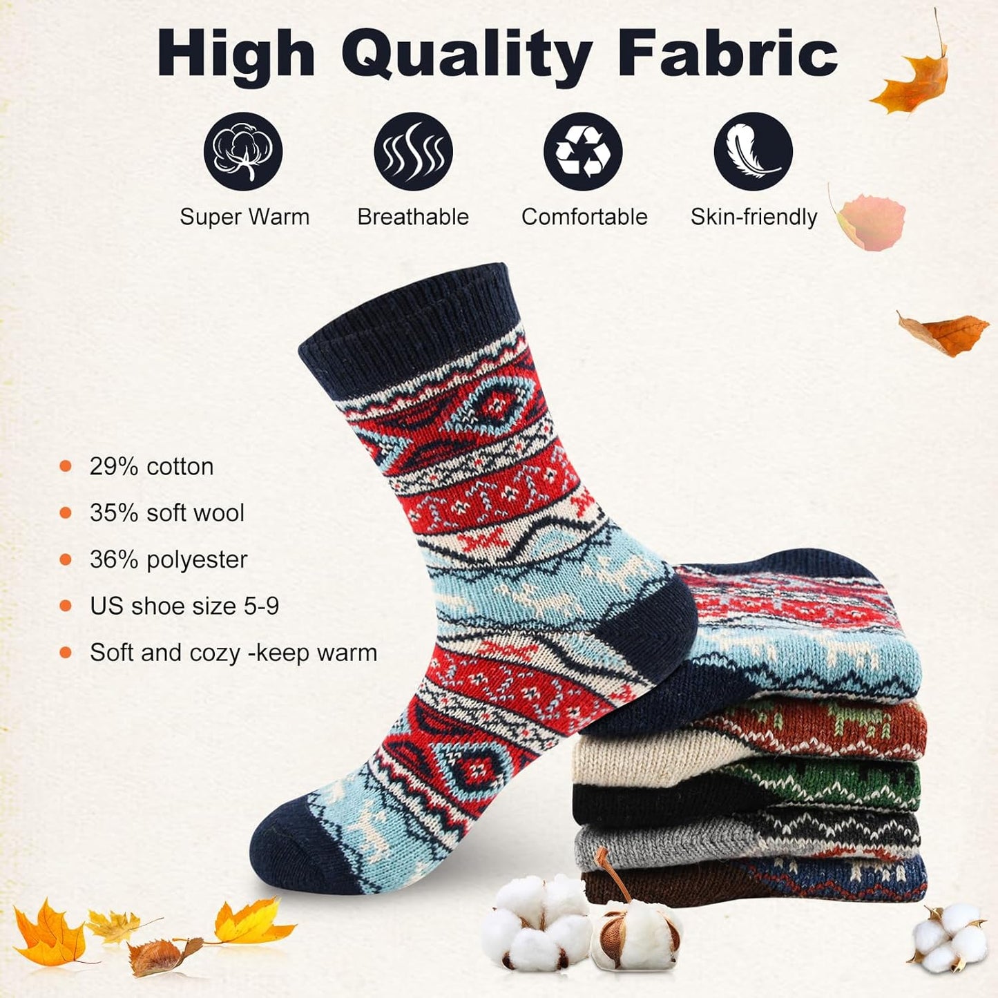 5Pairs Free Size Fuzzy Socks Soft Wool Crew Warm Socks for Women Winter Multicolor Christmas Womens Winter Socks Gift Box