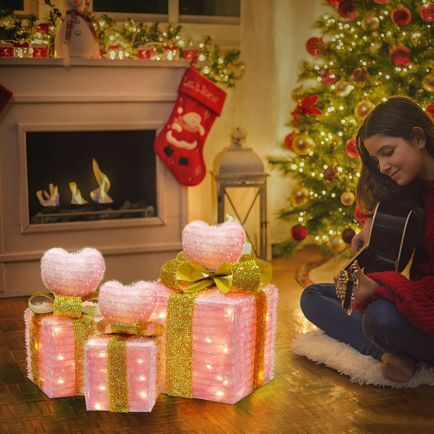 Christmas Joy Lighted Gift Boxes Decorations Set of 3, 2.6Ft Stackable Christmas Nesting Boxes Battery Operated for Home and Party Decoration