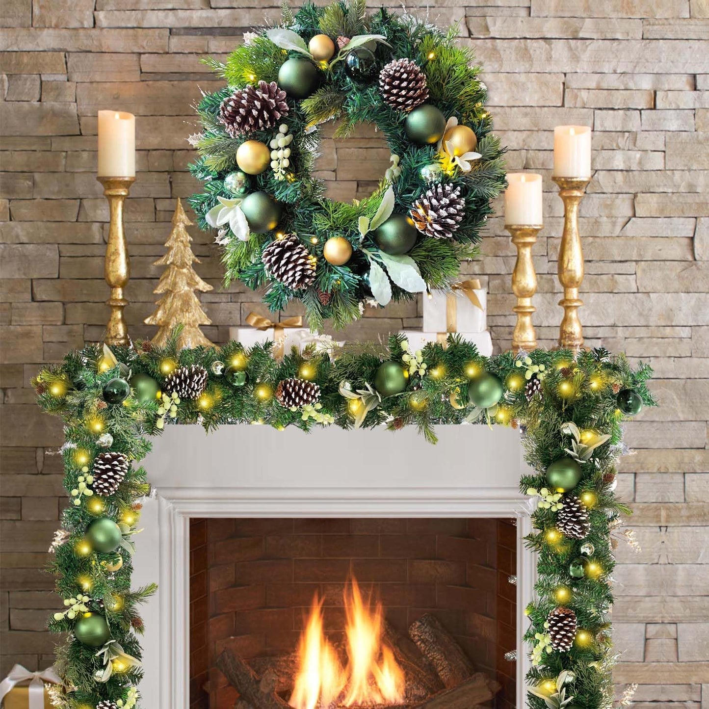 Pre-Lit 24 Inch Lighted Christmas Wreath for Front Door Champagne Gold Christmas Door Wreath Decor with Ball Ornaments, Poinsettia Flowers,Ribbon,Pine Cones,Battery Operated 30 LED Lights