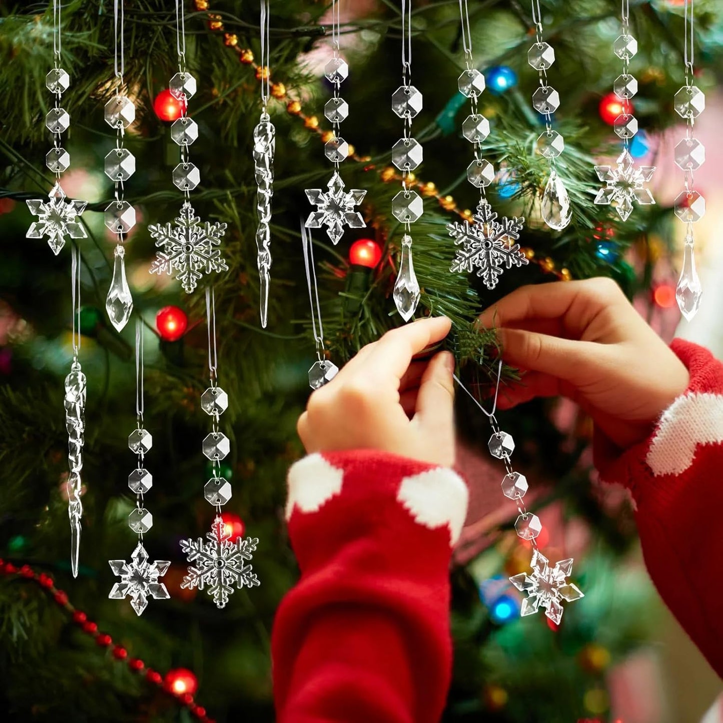 18pcs Christmas Tree Decoration Crystal Ornaments - Hanging Acrylic Christmas Snowflake Icicle Drop Crystal Ornaments for Xmas Tree Winter New Year Party Supplies