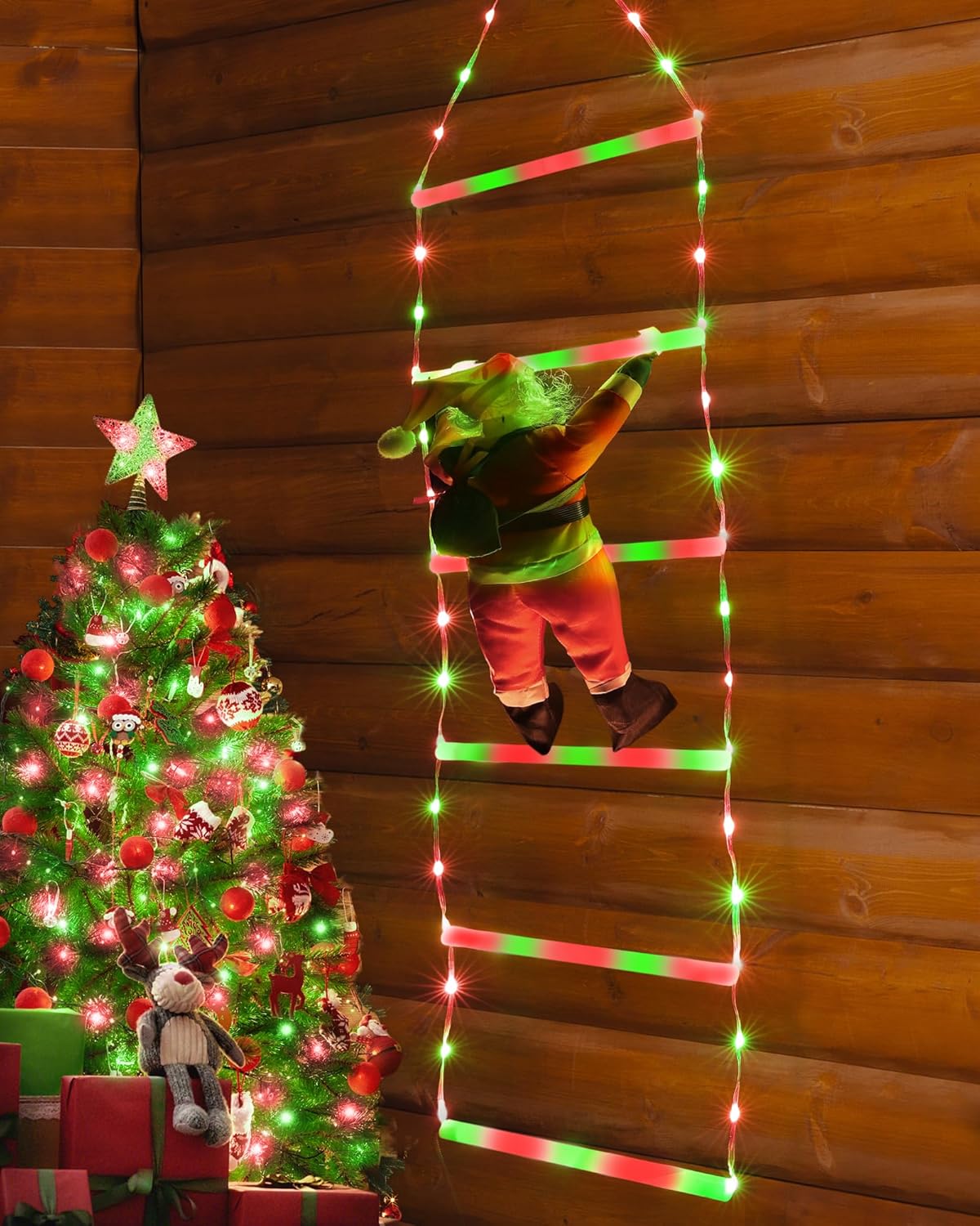 LED Christmas Lights - 10ft Christmas Decorative Ladder Lights with Santa Claus, Xmas Decorations Light for Indoor Outdoor, Window, Garden, Home, Wall, Xmas Tree Decor - Warm White