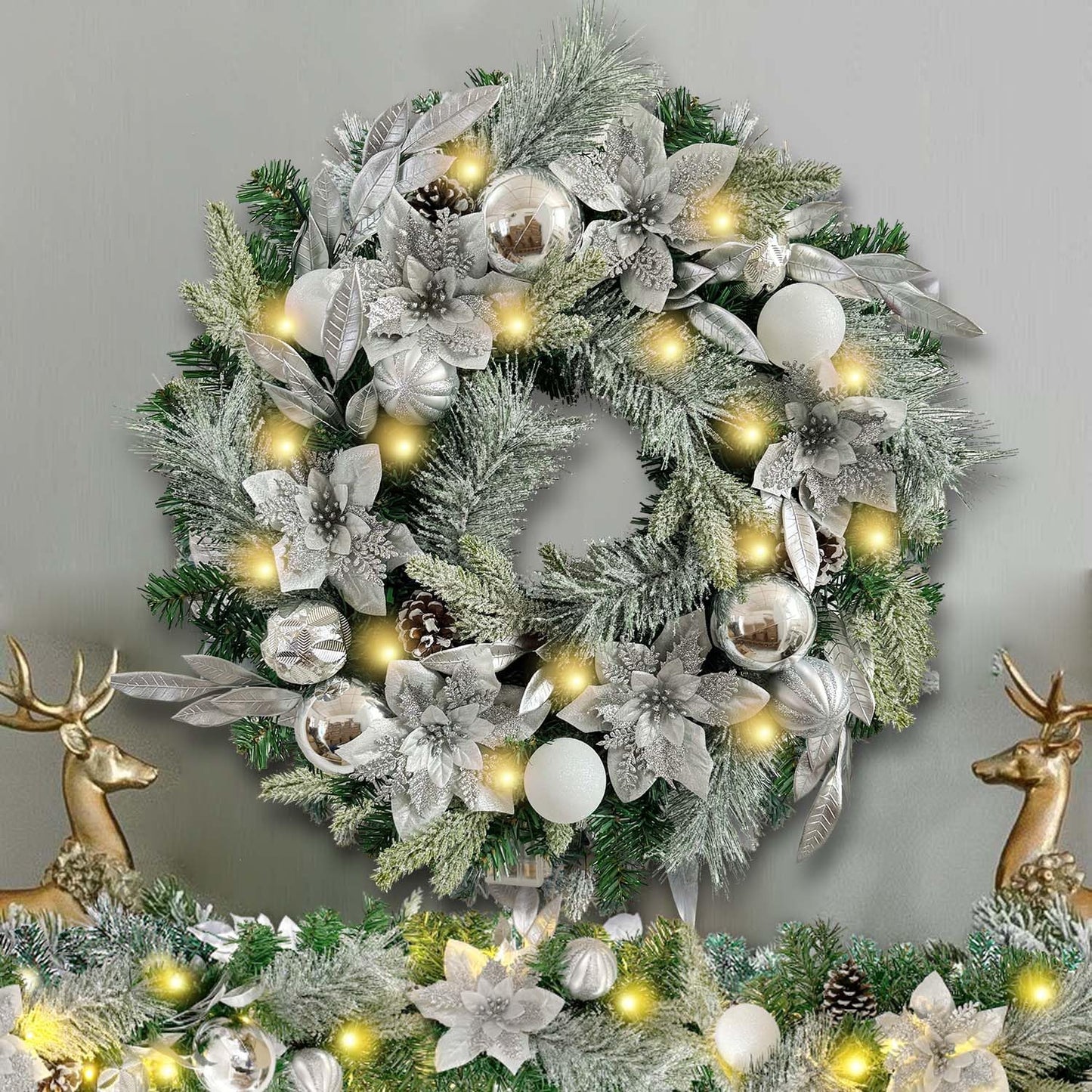 Pre-Lit 24 Inch Lighted Christmas Wreath for Front Door Champagne Gold Christmas Door Wreath Decor with Ball Ornaments, Poinsettia Flowers,Ribbon,Pine Cones,Battery Operated 30 LED Lights