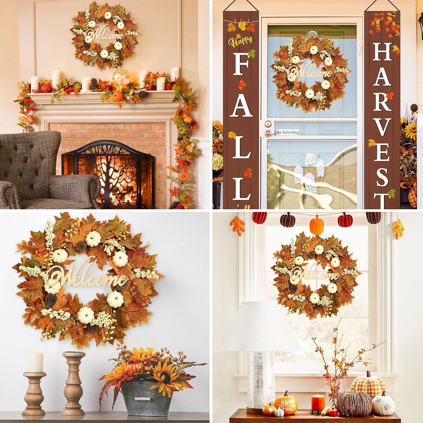 Waipfaru Fall Wreaths for Front Door - 20'' Autumn Wreath with Lights & Welcome Sign & Timer Function, Fall Leaf Reef Farmhouse Thanksgiving Decor for Outdoor Porch Patio