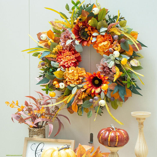 Fall Wreaths for Front Door 24 Inch Fall Wreath with Sunflowers, Dahlias & Pumpkins Autumn Harvest Wreath for Thanksgiving Outdoor or Indoor Autumn Wreaths for Front Door