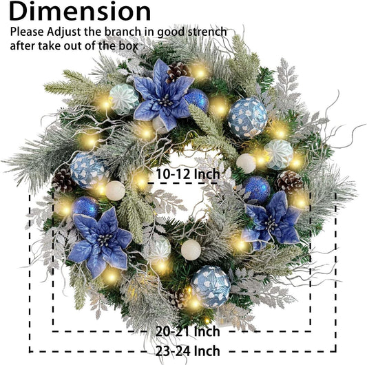 Pre-Lit 24 Inch Lighted Christmas Wreath for Front Door Champagne Gold Christmas Door Wreath Decor with Ball Ornaments, Poinsettia Flowers,Ribbon,Pine Cones,Battery Operated 30 LED Lights