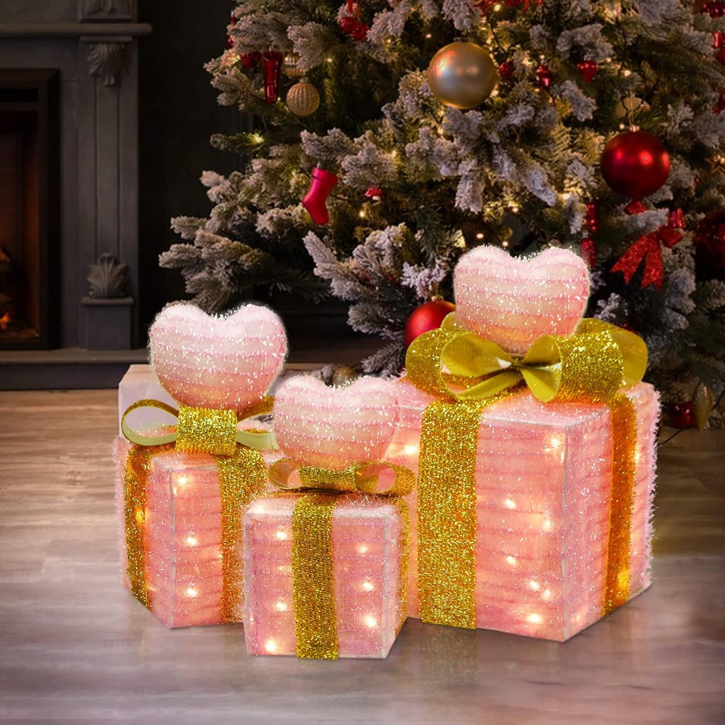 Christmas Joy Lighted Gift Boxes Decorations Set of 3, 2.6Ft Stackable Christmas Nesting Boxes Battery Operated for Home and Party Decoration