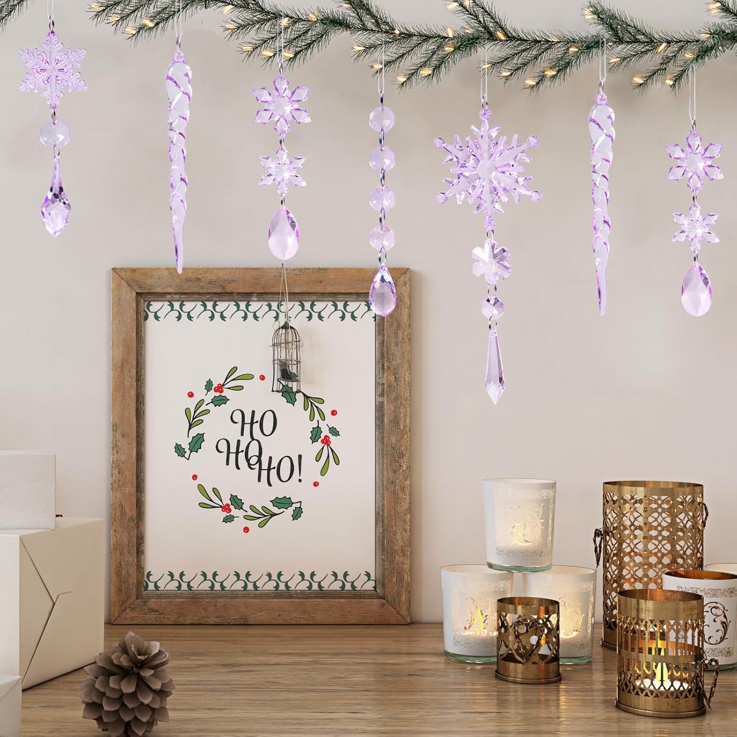 18pcs Christmas Tree Decoration Crystal Ornaments - Hanging Acrylic Christmas Snowflake Icicle Drop Crystal Ornaments for Xmas Tree Winter New Year Party Supplies