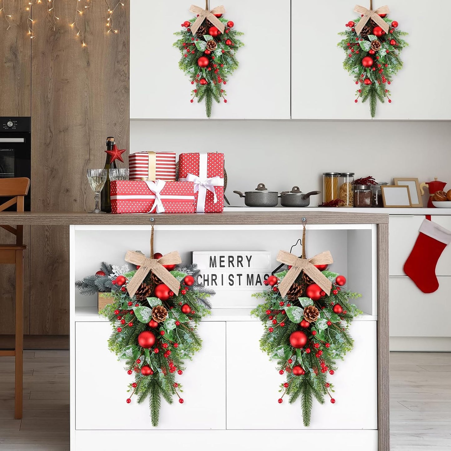 24" Christmas Wreaths for Front Door 2 PCS Christmas Teardrop Swag Winter Wreath with Red Ball Red Berry Pine Needles for Indoor Outdoor Farmhouse Home Wall Window Festival Wedding Decor