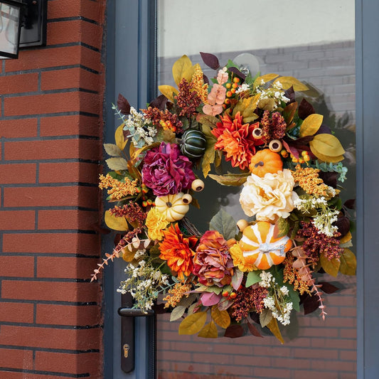 Fall Wreaths for Front Door 24 Inch Beautiful Fall Wreath with Pumpkins, Artificial Flowers & Leaves Harvest and Thanksgiving Pumpkin Fall Door Wreath for Indoor & Outdoor Autumn Decor