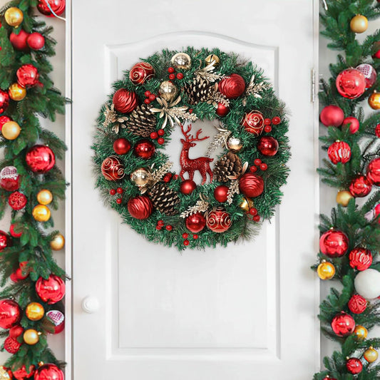 Christmas Wreath - 16" Christmas Wreaths for Front Door Red Christmas Reindeer Balls Berries Pine Cones Pine Needles Door Wreath for Home Wall Window Porch Indoor Outdoor Decor