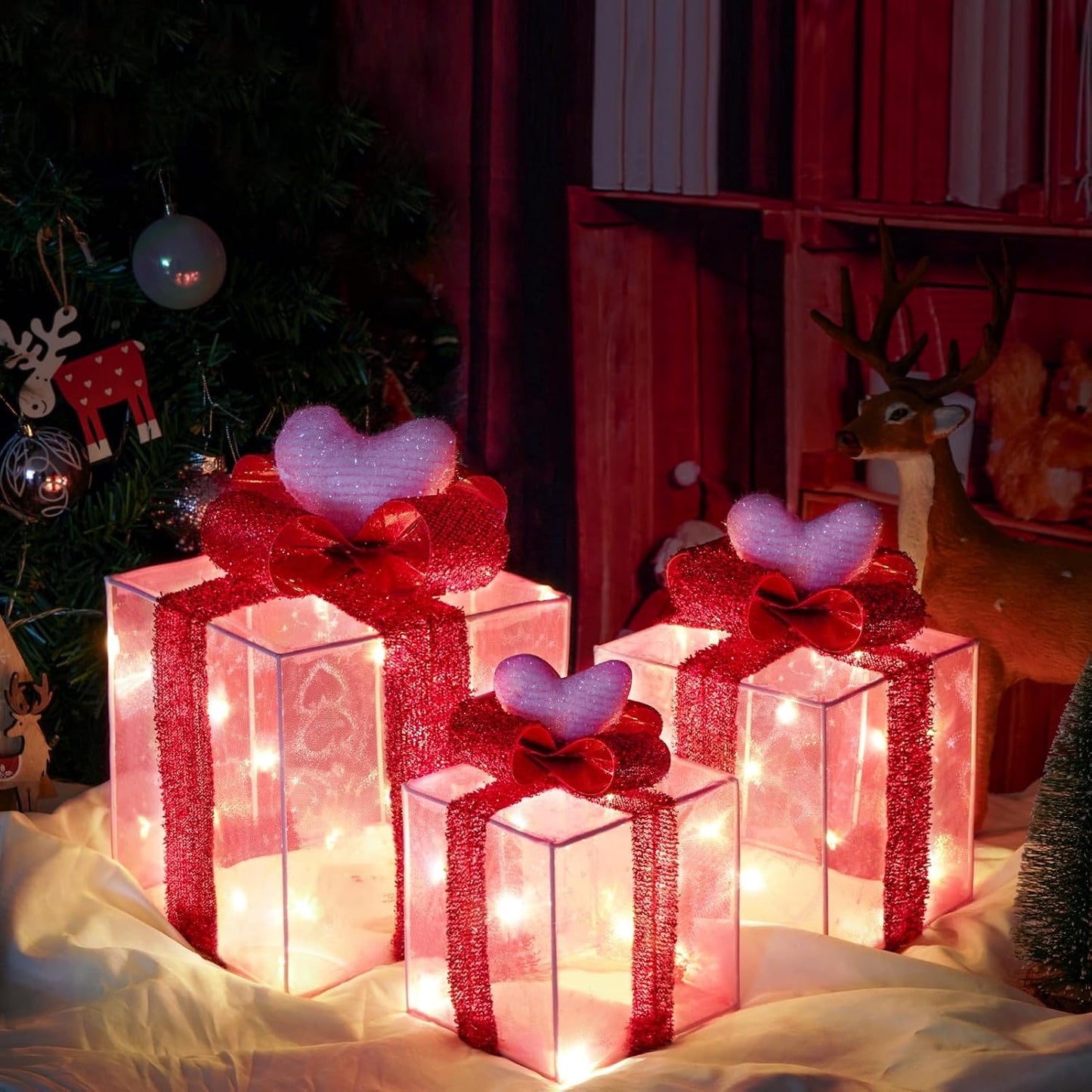 Christmas Joy Lighted Gift Boxes Decorations Set of 3, 2.6Ft Stackable Christmas Nesting Boxes Battery Operated for Home and Party Decoration