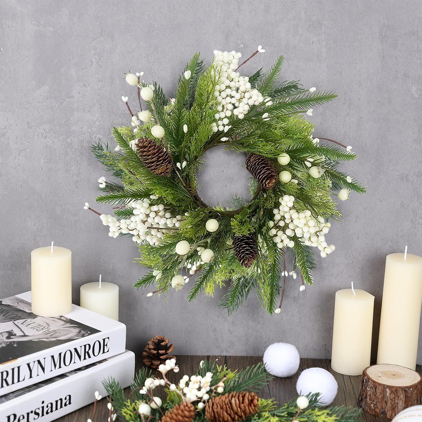 24" Christmas Wreaths for Front Door 2 PCS Christmas Teardrop Swag Winter Wreath with Red Ball Red Berry Pine Needles for Indoor Outdoor Farmhouse Home Wall Window Festival Wedding Decor