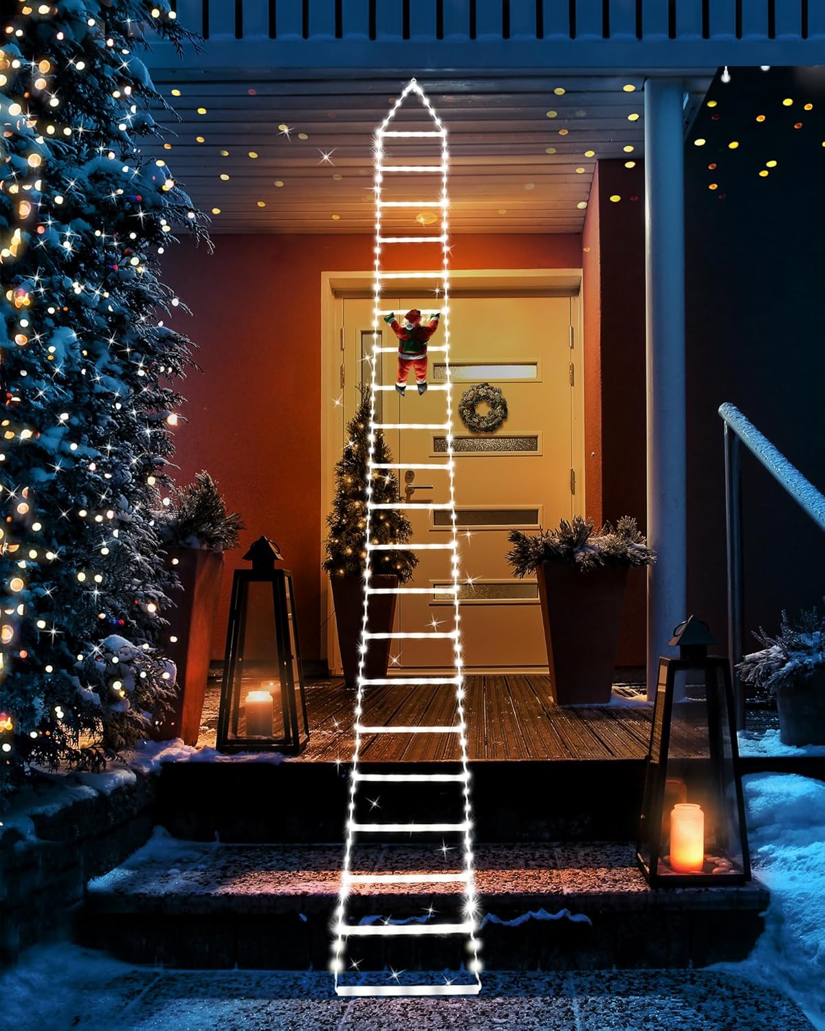 LED Christmas Lights - 10ft Christmas Decorative Ladder Lights with Santa Claus, Xmas Decorations Light for Indoor Outdoor, Window, Garden, Home, Wall, Xmas Tree Decor - Warm White