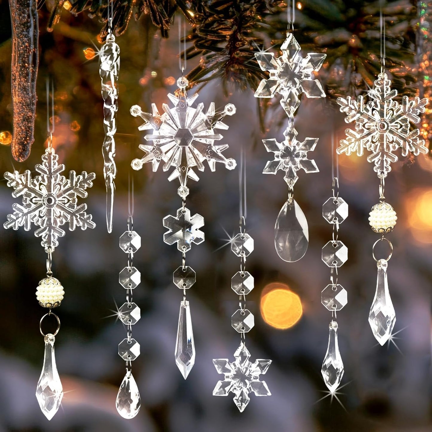 18pcs Christmas Tree Decoration Crystal Ornaments - Hanging Acrylic Christmas Snowflake Icicle Drop Crystal Ornaments for Xmas Tree Winter New Year Party Supplies