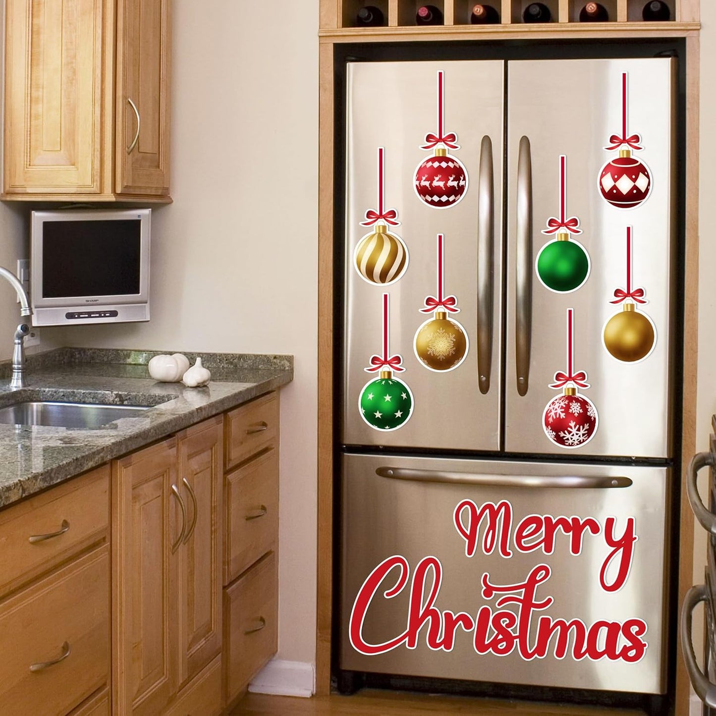 90shine 32PCS Christmas Garage Door Decorations Magnets - Merry Xmas Ball Holiday Refrigerator Fridge Kitchen Decor(Red, Silver)