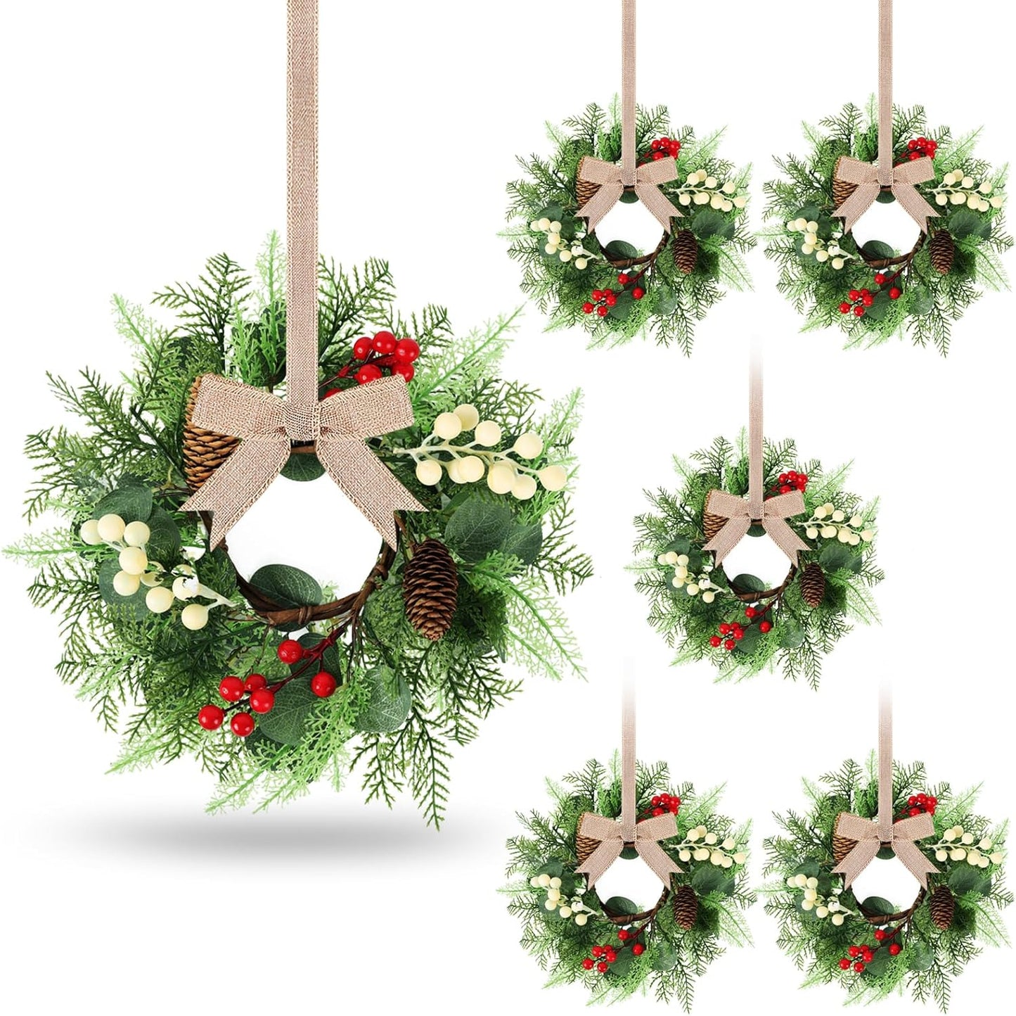 24" Christmas Wreaths for Front Door 2 PCS Christmas Teardrop Swag Winter Wreath with Red Ball Red Berry Pine Needles for Indoor Outdoor Farmhouse Home Wall Window Festival Wedding Decor