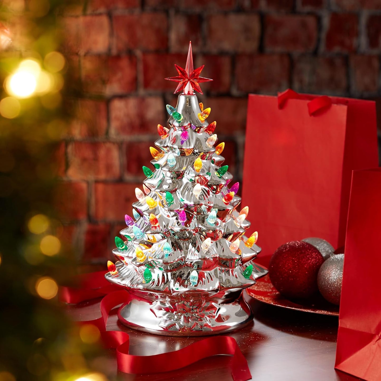 Hand Painted Ceramic Christmas Tree, Pink 15-Inch Pre-Lit Tree with 128 Multi Color Lights and 2 Star Toppers
