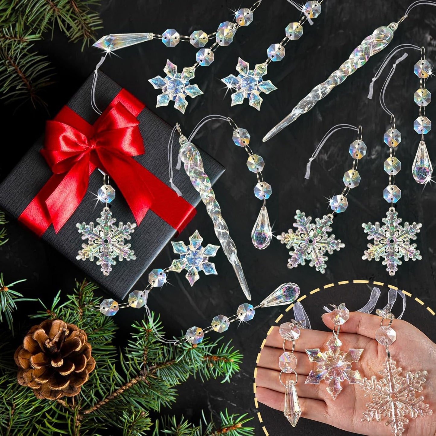 18pcs Christmas Tree Decoration Crystal Ornaments - Hanging Acrylic Christmas Snowflake Icicle Drop Crystal Ornaments for Xmas Tree Winter New Year Party Supplies