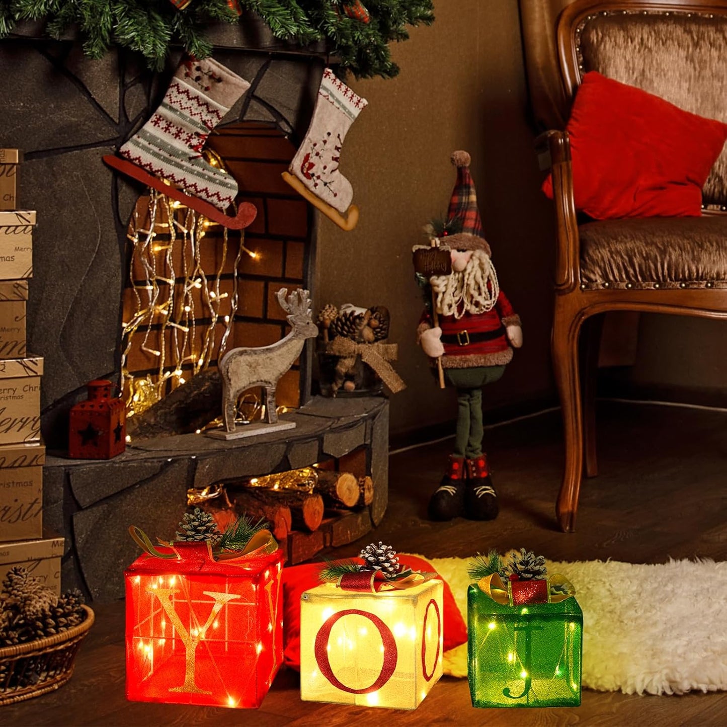 Christmas Joy Lighted Gift Boxes Decorations Set of 3, 2.6Ft Stackable Christmas Nesting Boxes Battery Operated for Home and Party Decoration