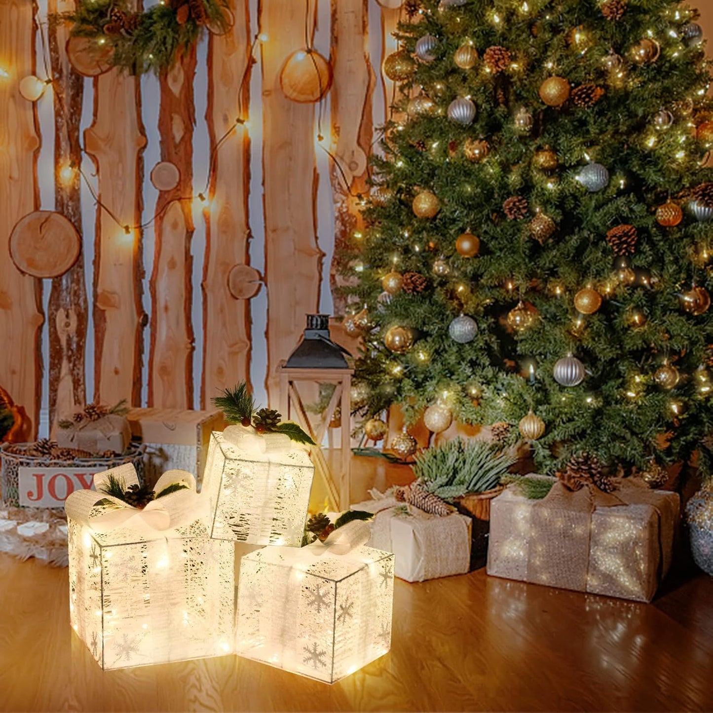 Christmas Joy Lighted Gift Boxes Decorations Set of 3, 2.6Ft Stackable Christmas Nesting Boxes Battery Operated for Home and Party Decoration
