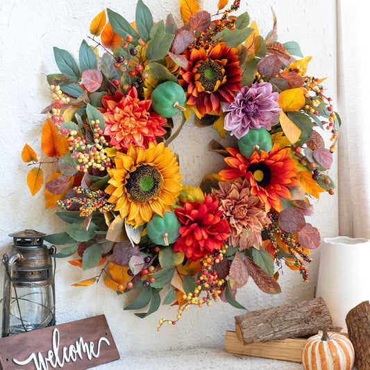 Fall Wreaths for Front Door Outside 24 Inch Large Autumn Wreath with Pumpkins, Sunflowers, Fall Leaves and Berries – Fall Door Wreath for Thanksgiving, Indoor Outdoor Decor