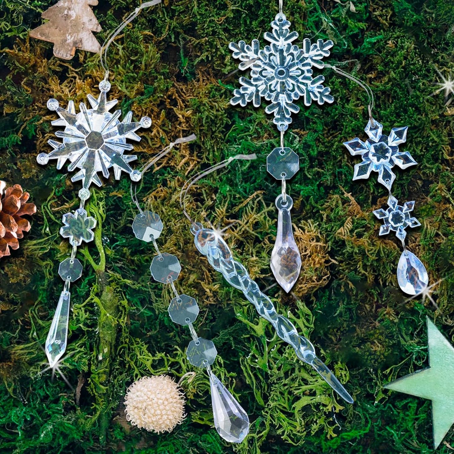 18pcs Christmas Tree Decoration Crystal Ornaments - Hanging Acrylic Christmas Snowflake Icicle Drop Crystal Ornaments for Xmas Tree Winter New Year Party Supplies