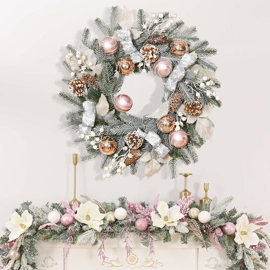 20" Christmas Wreath with Balls, Christmas Door Wreath with Bow Ribbon Berries & Pine Cones Xmas Wreaths for Front Door Wall Home Outdoor Decor