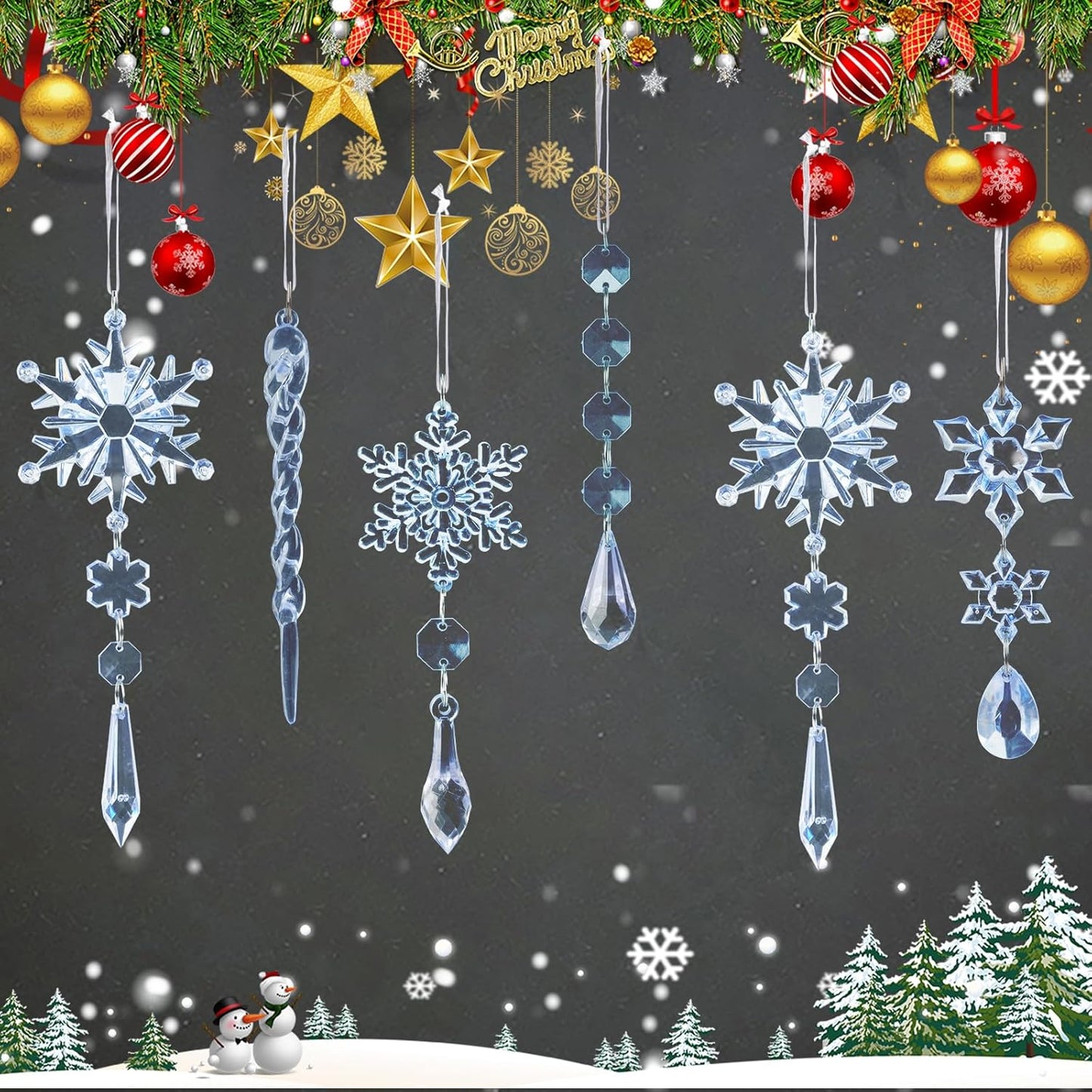 18pcs Christmas Tree Decoration Crystal Ornaments - Hanging Acrylic Christmas Snowflake Icicle Drop Crystal Ornaments for Xmas Tree Winter New Year Party Supplies