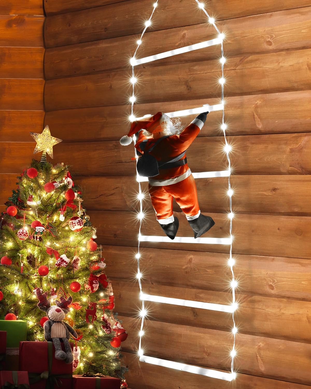 LED Christmas Lights - 10ft Christmas Decorative Ladder Lights with Santa Claus, Xmas Decorations Light for Indoor Outdoor, Window, Garden, Home, Wall, Xmas Tree Decor - Warm White
