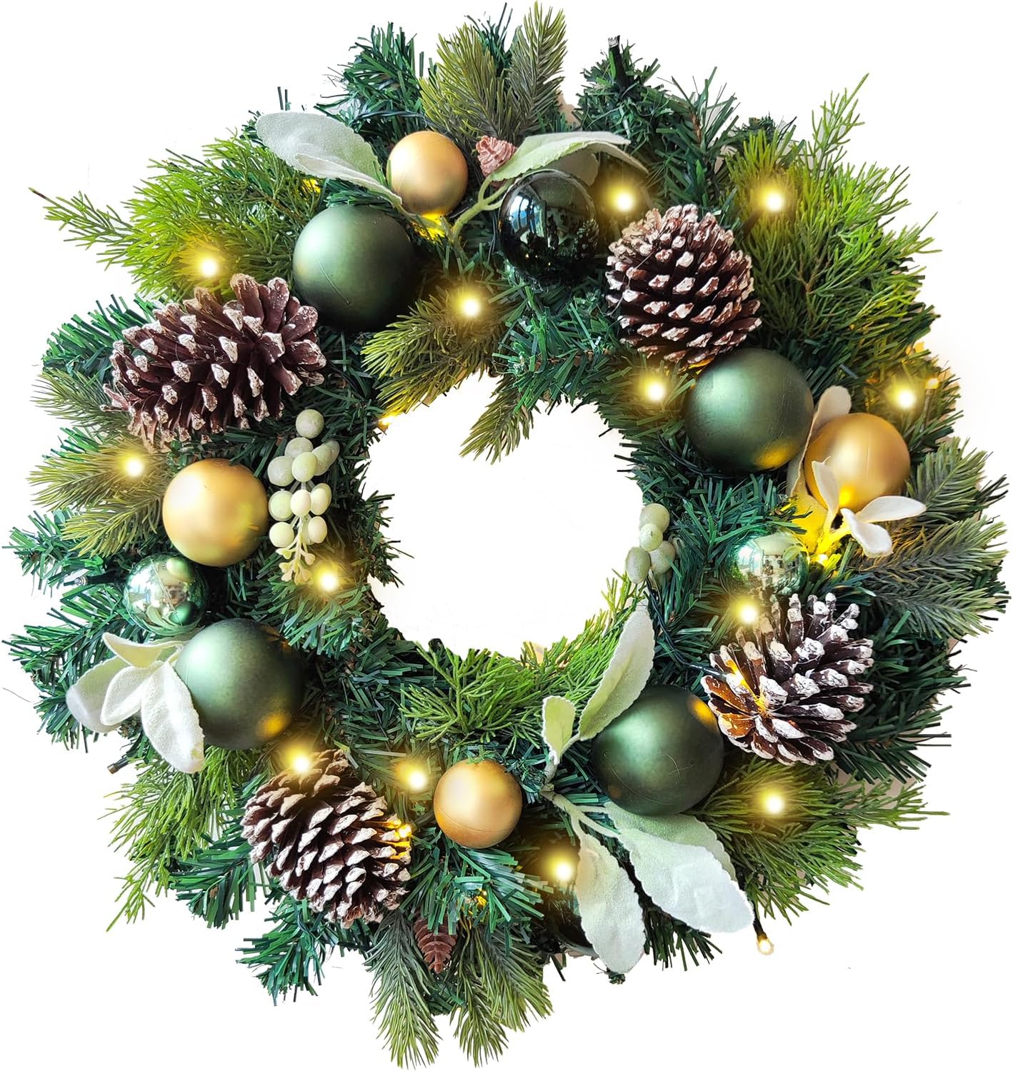 Pre-Lit 24 Inch Lighted Christmas Wreath for Front Door Champagne Gold Christmas Door Wreath Decor with Ball Ornaments, Poinsettia Flowers,Ribbon,Pine Cones,Battery Operated 30 LED Lights