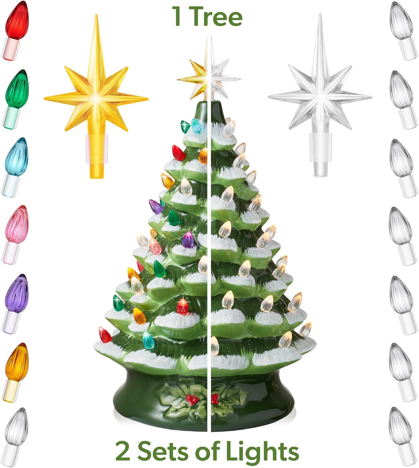 Hand Painted Ceramic Christmas Tree, Pink 15-Inch Pre-Lit Tree with 128 Multi Color Lights and 2 Star Toppers