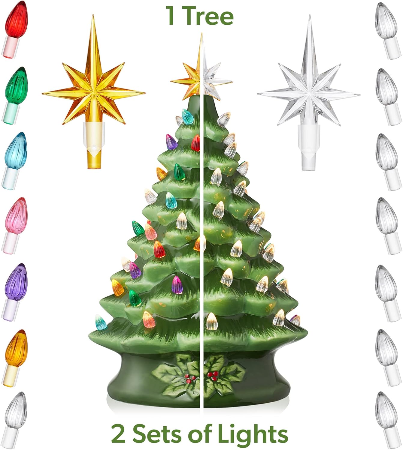 Hand Painted Ceramic Christmas Tree, Pink 15-Inch Pre-Lit Tree with 128 Multi Color Lights and 2 Star Toppers