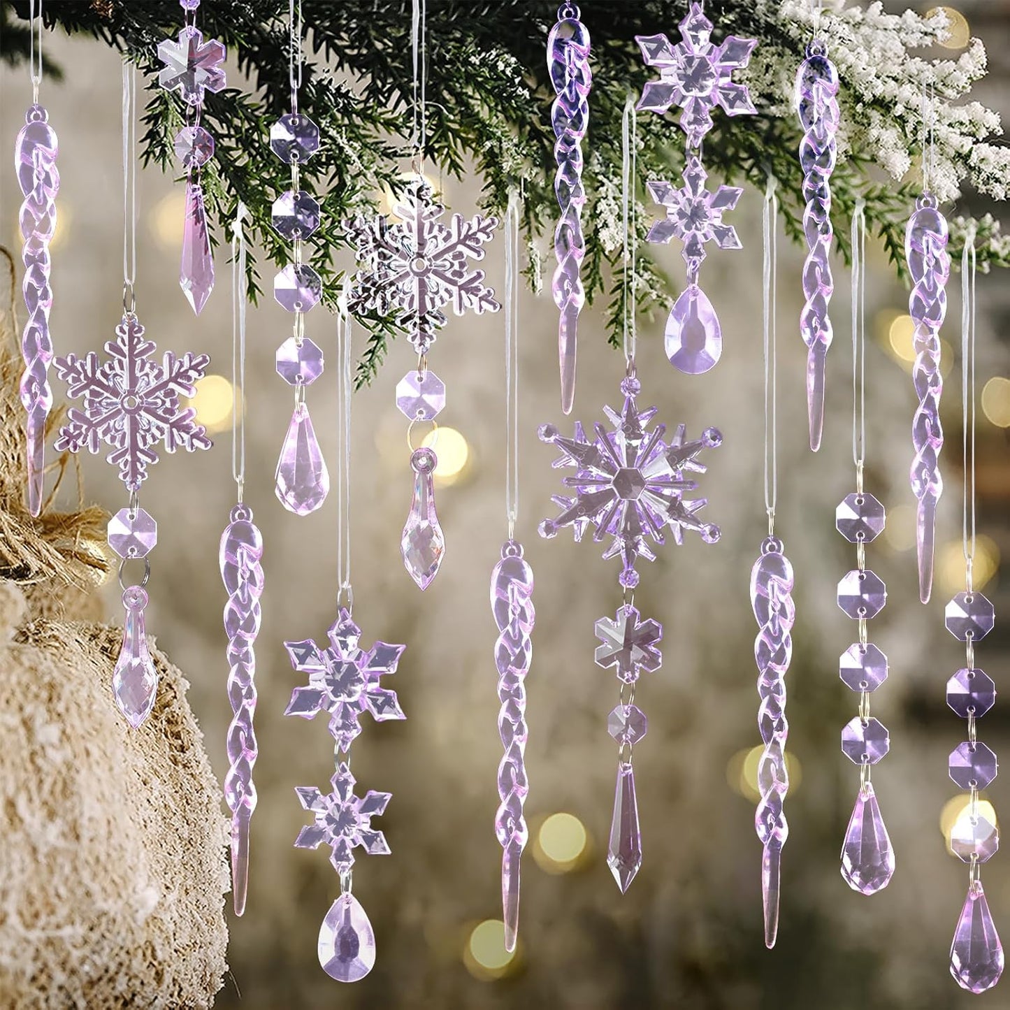 18pcs Christmas Tree Decoration Crystal Ornaments - Hanging Acrylic Christmas Snowflake Icicle Drop Crystal Ornaments for Xmas Tree Winter New Year Party Supplies