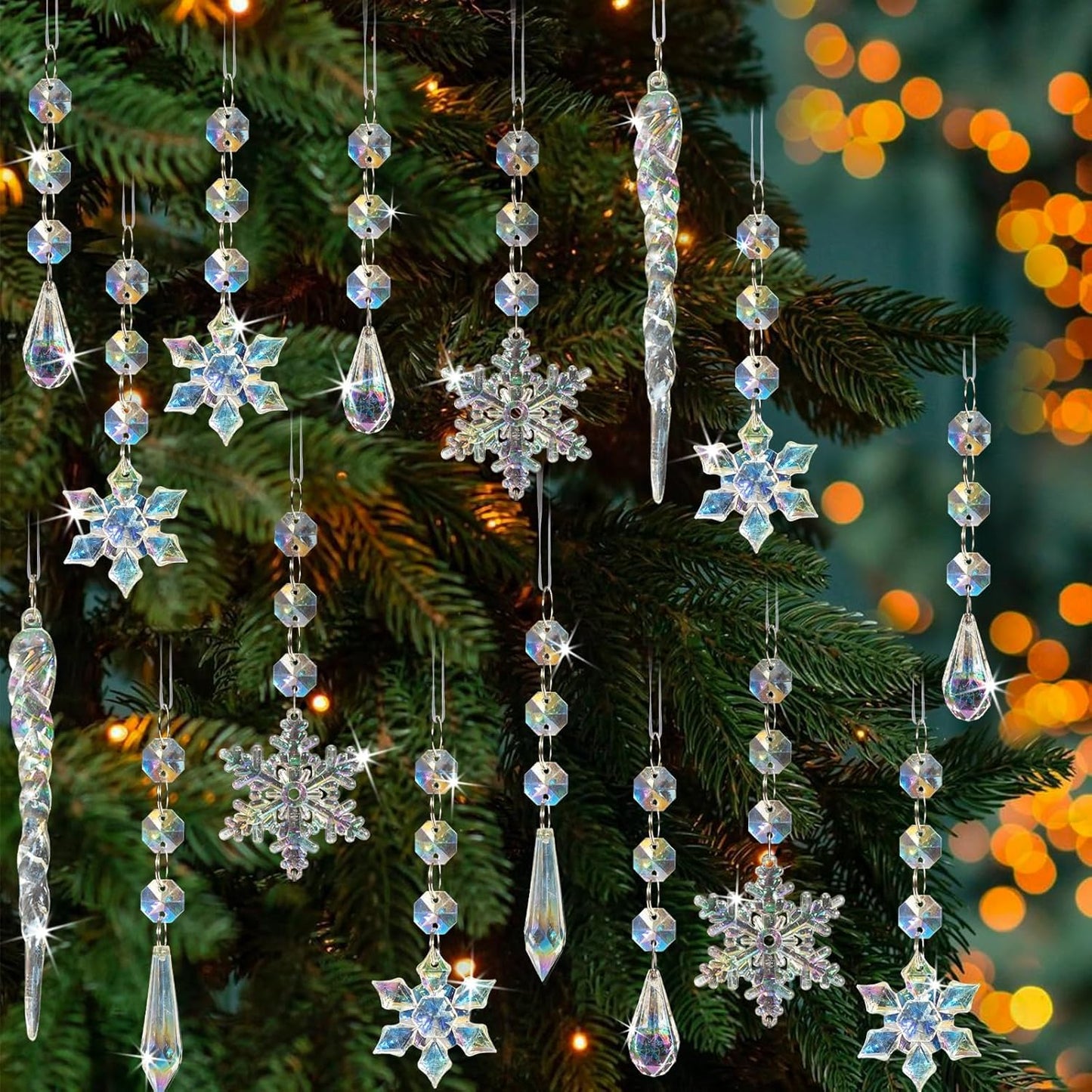18pcs Christmas Tree Decoration Crystal Ornaments - Hanging Acrylic Christmas Snowflake Icicle Drop Crystal Ornaments for Xmas Tree Winter New Year Party Supplies