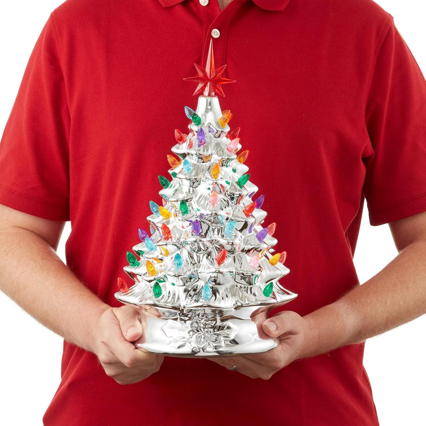 Hand Painted Ceramic Christmas Tree, Pink 15-Inch Pre-Lit Tree with 128 Multi Color Lights and 2 Star Toppers