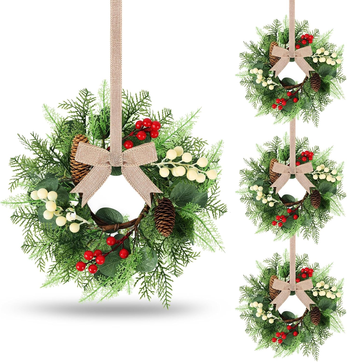 24" Christmas Wreaths for Front Door 2 PCS Christmas Teardrop Swag Winter Wreath with Red Ball Red Berry Pine Needles for Indoor Outdoor Farmhouse Home Wall Window Festival Wedding Decor