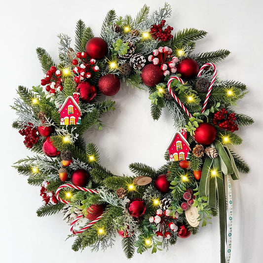 Christmas Wreath Decorations - 20" Christmas Wreaths for Front Door with Candy Canes Christmas Ball Ornaments, Lifelike Pine Cones Berries & Bow, Christmas Door Wreath for Indoor Outdoor Wall Decor