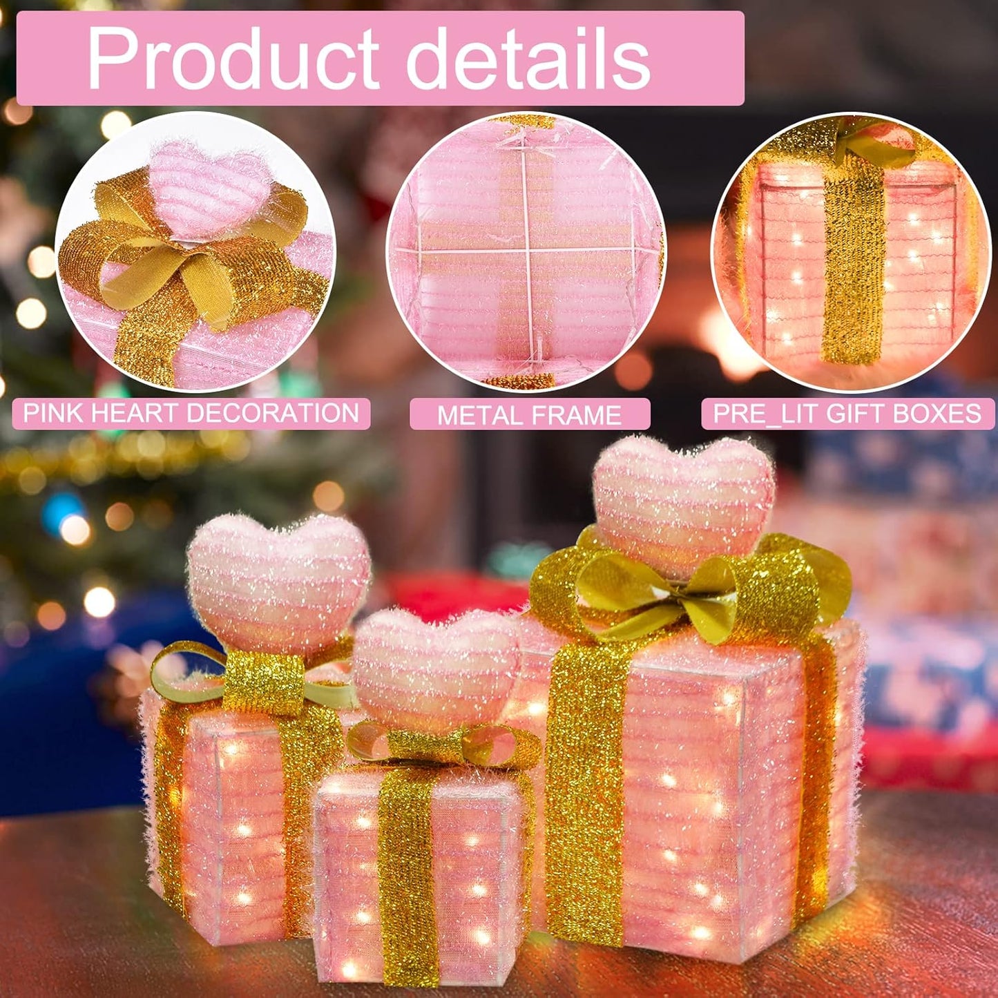 Christmas Joy Lighted Gift Boxes Decorations Set of 3, 2.6Ft Stackable Christmas Nesting Boxes Battery Operated for Home and Party Decoration