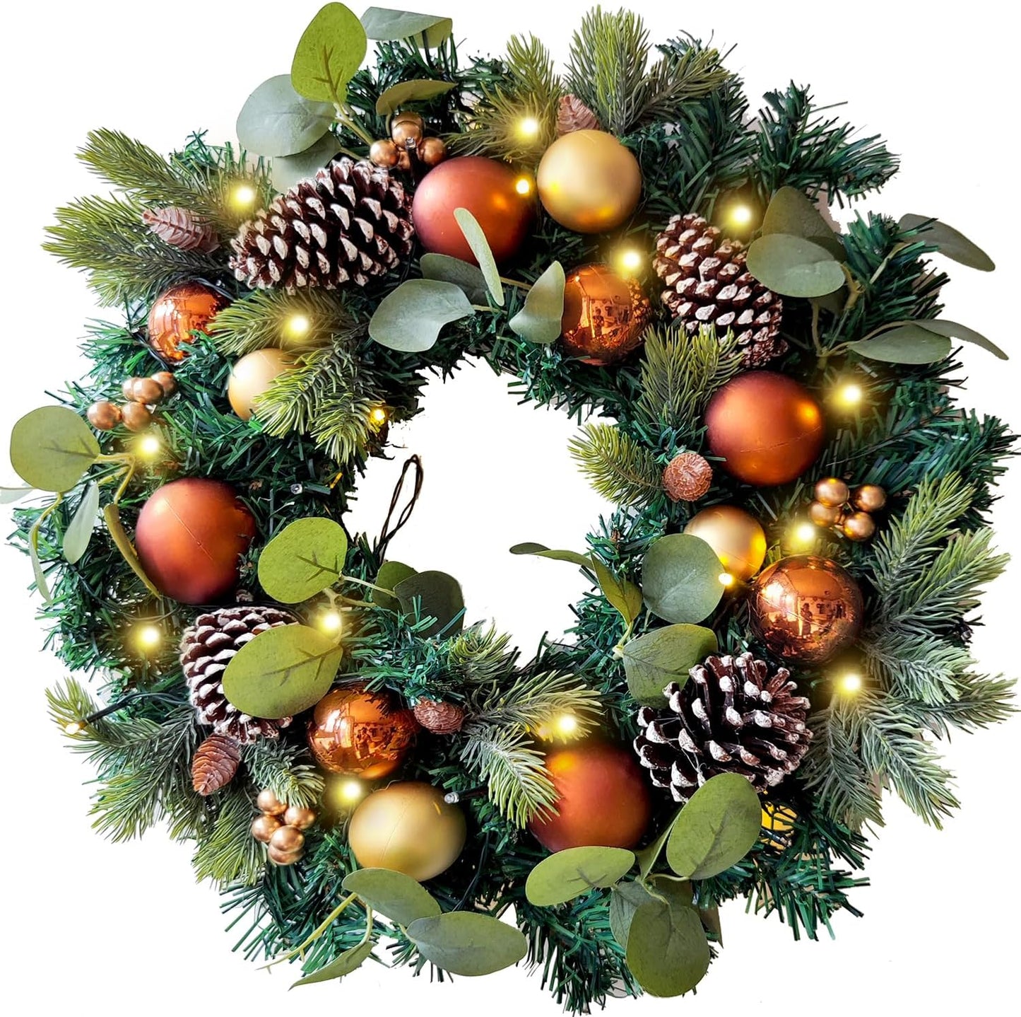 Pre-Lit 24 Inch Lighted Christmas Wreath for Front Door Champagne Gold Christmas Door Wreath Decor with Ball Ornaments, Poinsettia Flowers,Ribbon,Pine Cones,Battery Operated 30 LED Lights