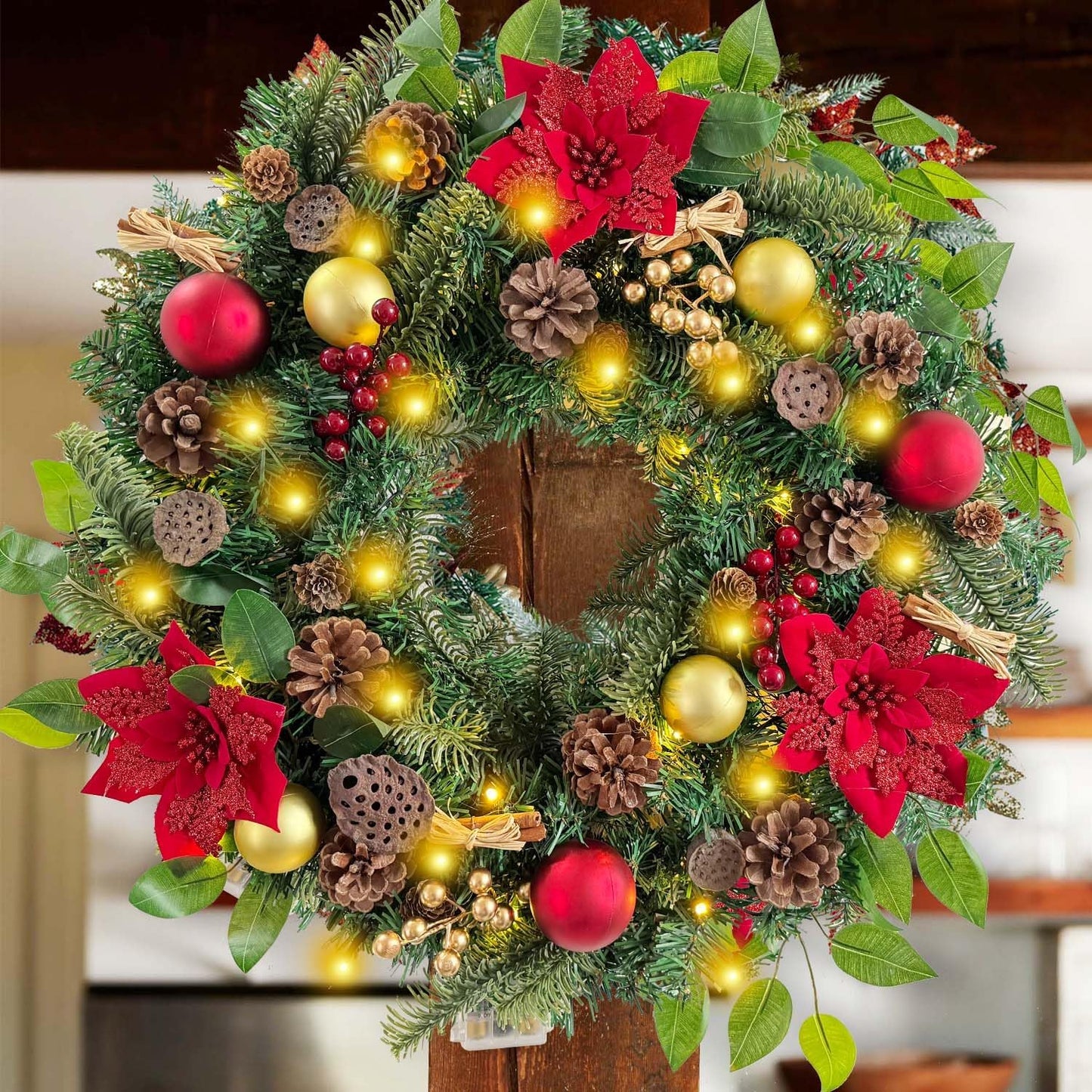 Pre-Lit 24 Inch Lighted Christmas Wreath for Front Door Champagne Gold Christmas Door Wreath Decor with Ball Ornaments, Poinsettia Flowers,Ribbon,Pine Cones,Battery Operated 30 LED Lights
