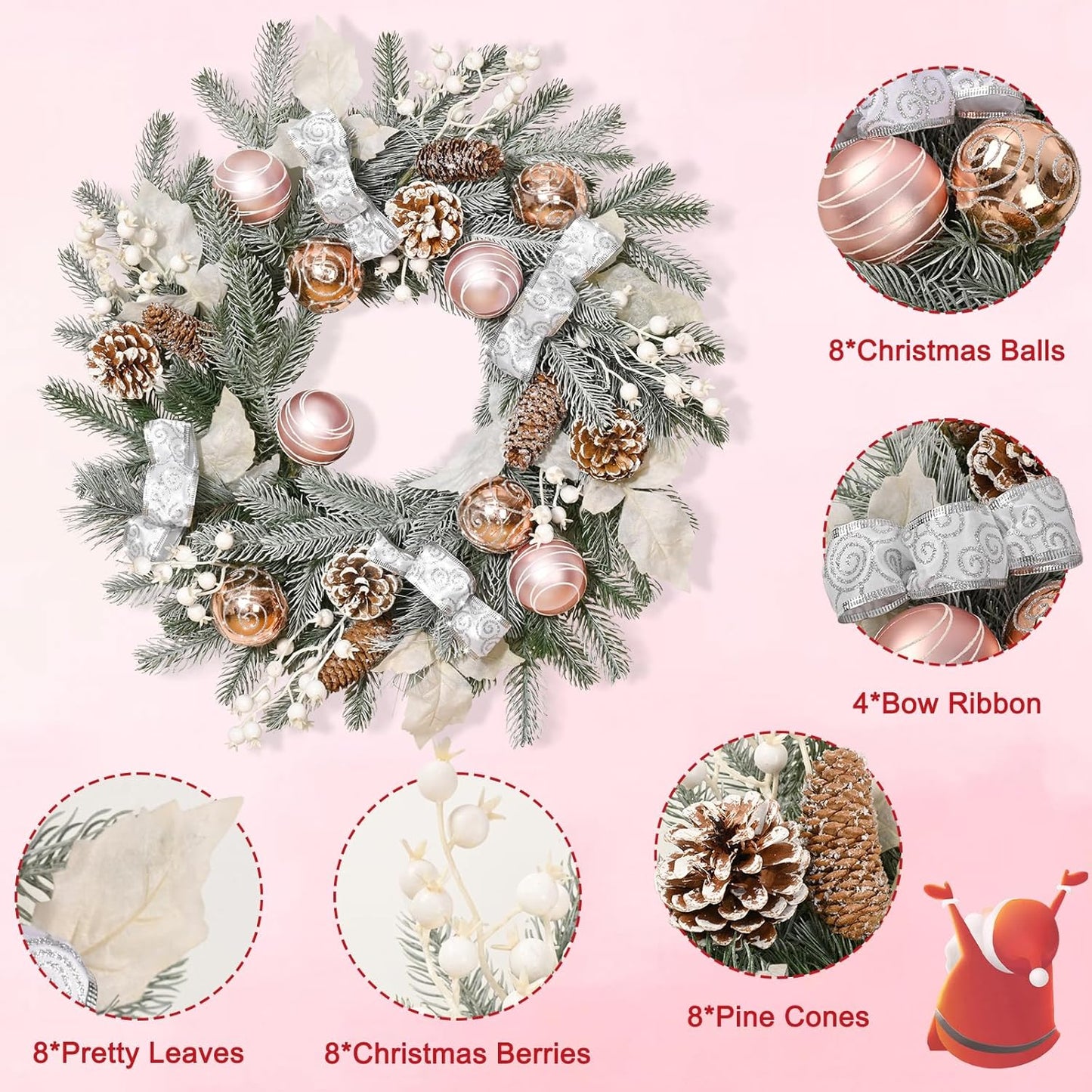 20" Christmas Wreath with Balls, Christmas Door Wreath with Bow Ribbon Berries & Pine Cones Xmas Wreaths for Front Door Wall Home Outdoor Decor
