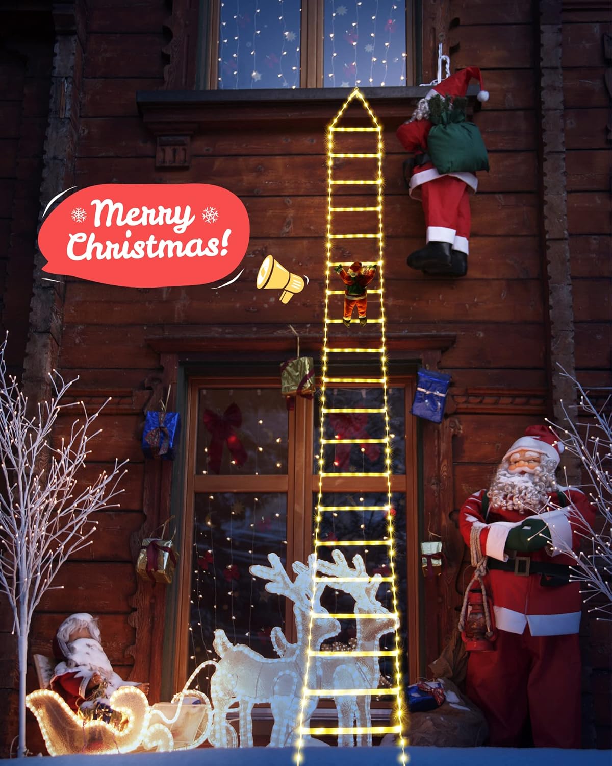 LED Christmas Lights - 10ft Christmas Decorative Ladder Lights with Santa Claus, Xmas Decorations Light for Indoor Outdoor, Window, Garden, Home, Wall, Xmas Tree Decor - Warm White
