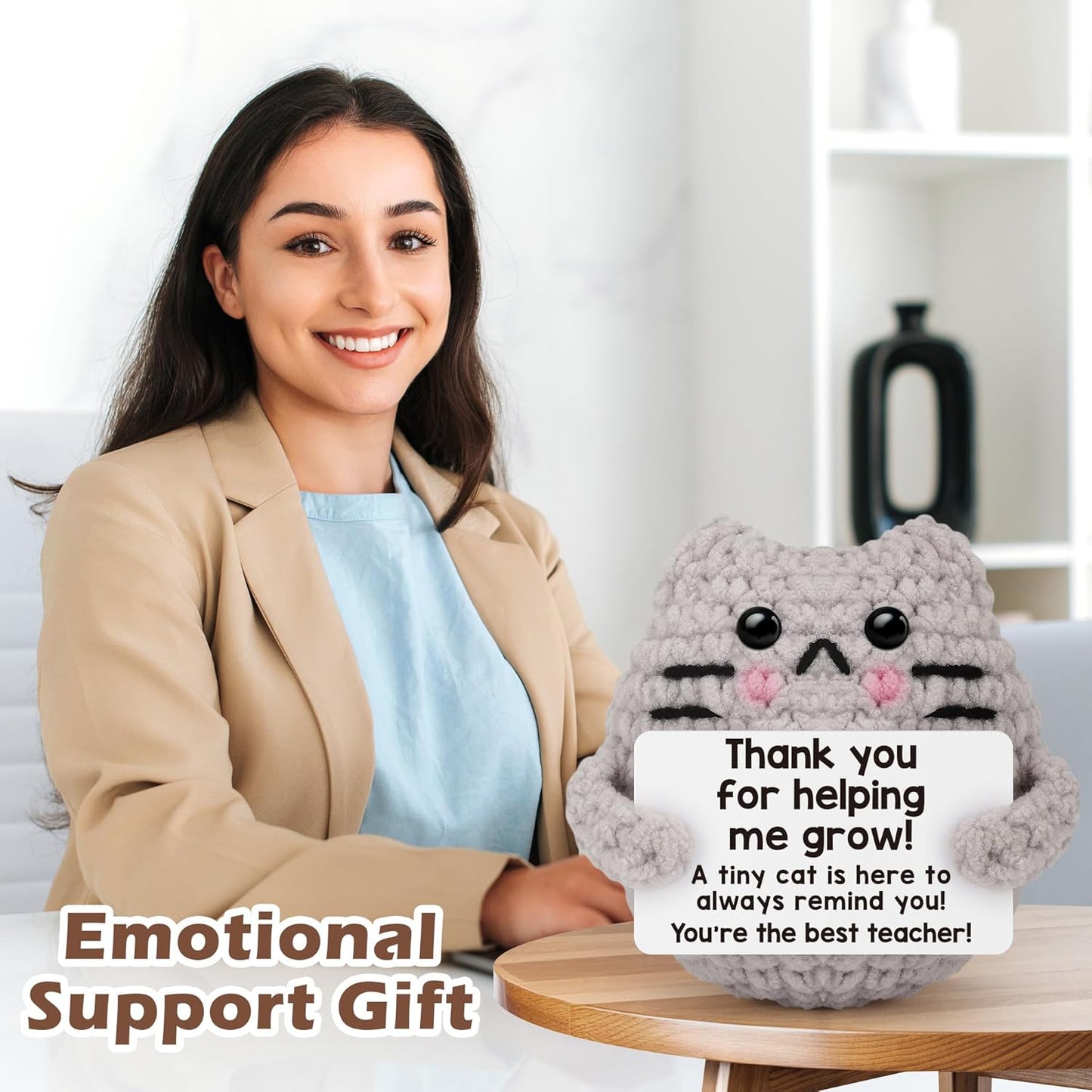 Crochet Cat Easter Basket Stuffers Positive Cat Crochet for Friend for Mom Grandma Dad Grandpa Daughter Son Gifts, Emotional Coworker Sister Brother Support Small Birthday Gifts
